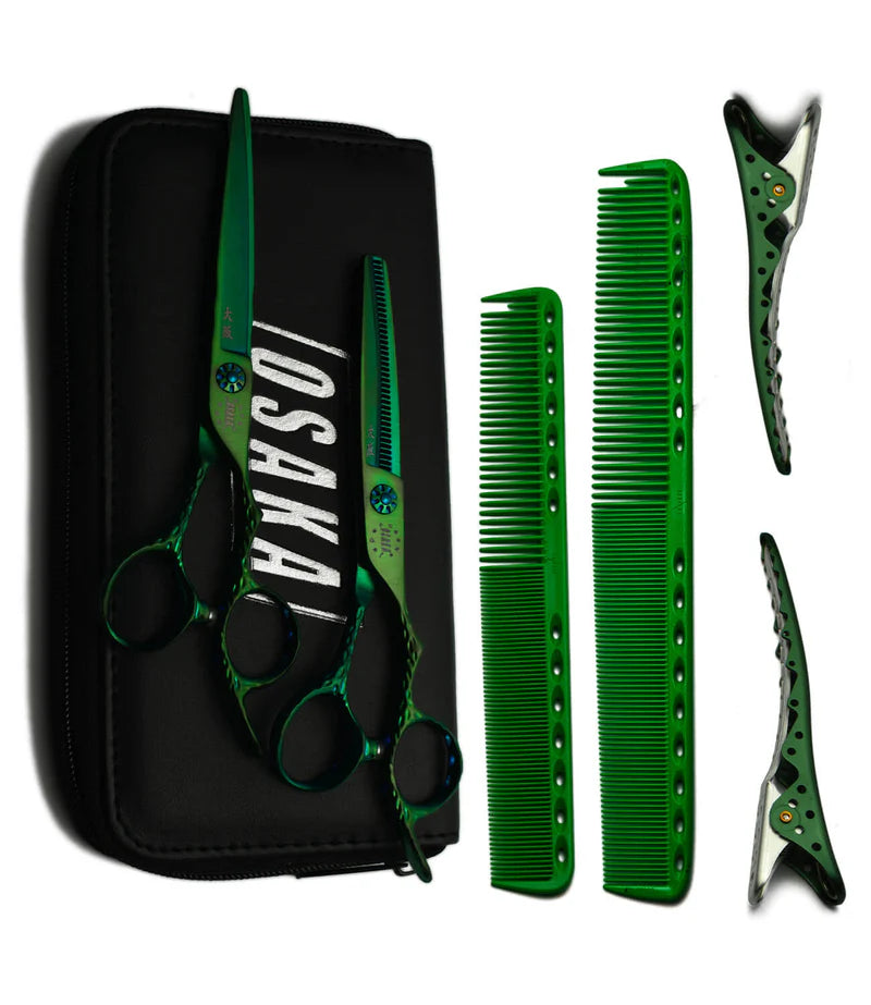 Pack OSAKA Aosen – ciseaux droits + sculpteurs + peignes & pinces, finition vert irisé, acier japonais ATS-314